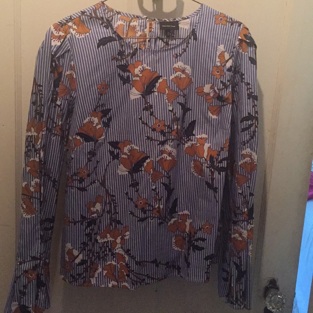 Blue pinstripe button up w/ gold flowers